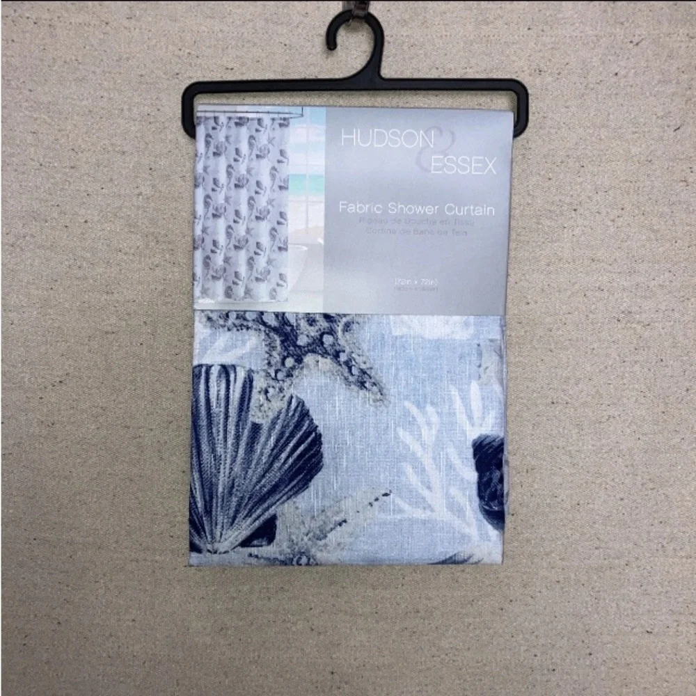 Hudson & Essex Blue Seashell Print Nautical Starfish Fabric Shower Curtain 72”